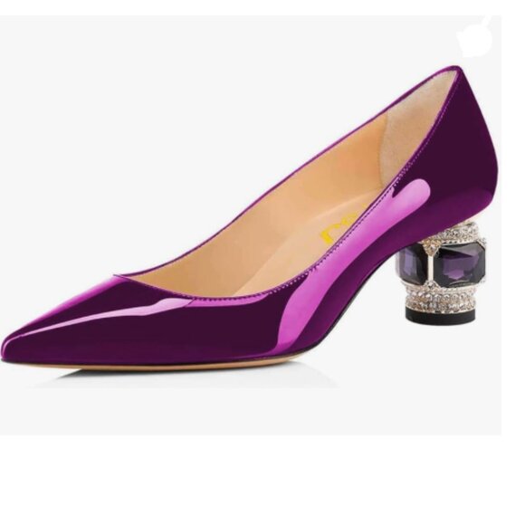 FSJ Purple Bridal Pointed Toe Chunky Low Heel Crystal Pumps Slip on Wedding Shoe - Picture 1 of 8